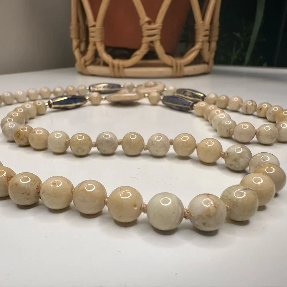 Vintage Beaded Necklace with Carved Stone Accents & Cloisonné Enamel Beads 28.5” - Picture 6 of 9